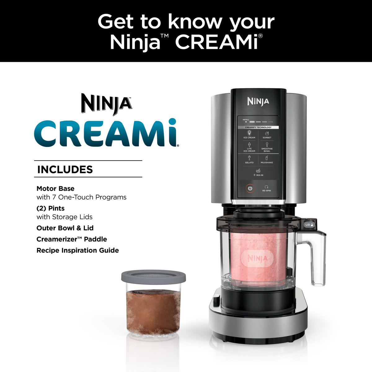 Ninja CREAMi Ice Cream Maker for Gelato, Mix-ins, Milkshakes, Sorbet, Smoothie Bowls & More with 7 One-Touch Programs, Creamerizer Paddle, 2 Pint Containers & Lids